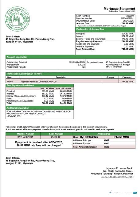 Download Myanma Economic Bank mortgage statement Word and PDF template Photoshop template